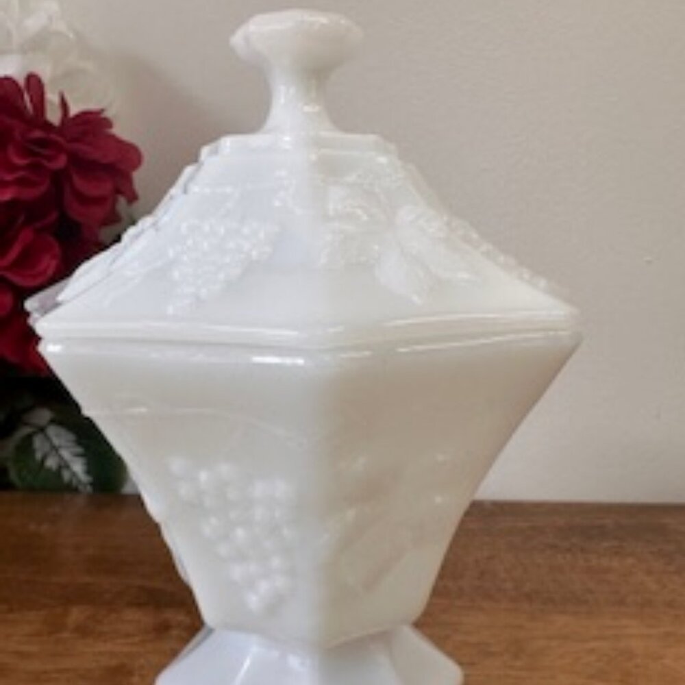 Vintage Milk Glass Covered Candy Dish Grape Vine Embossed Footed Jar Octagonal